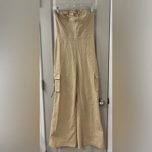 Almost Famous Khaki Strapless Wide Leg Cargo Jumpsuit